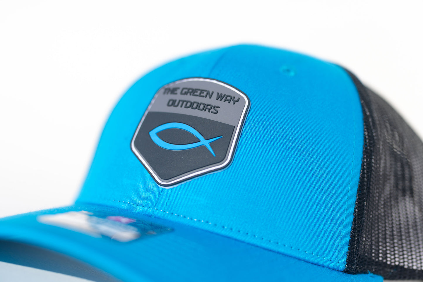 Cyan Blue Jesus Fish Trucker Hat