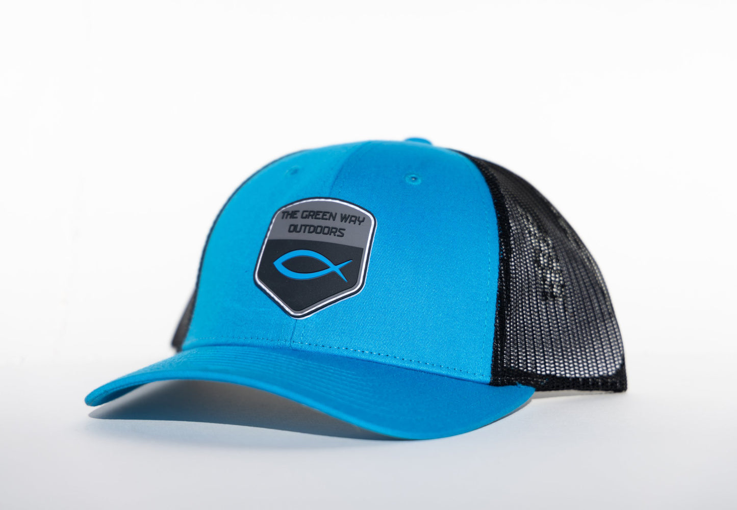 Cyan Blue Jesus Fish Trucker Hat