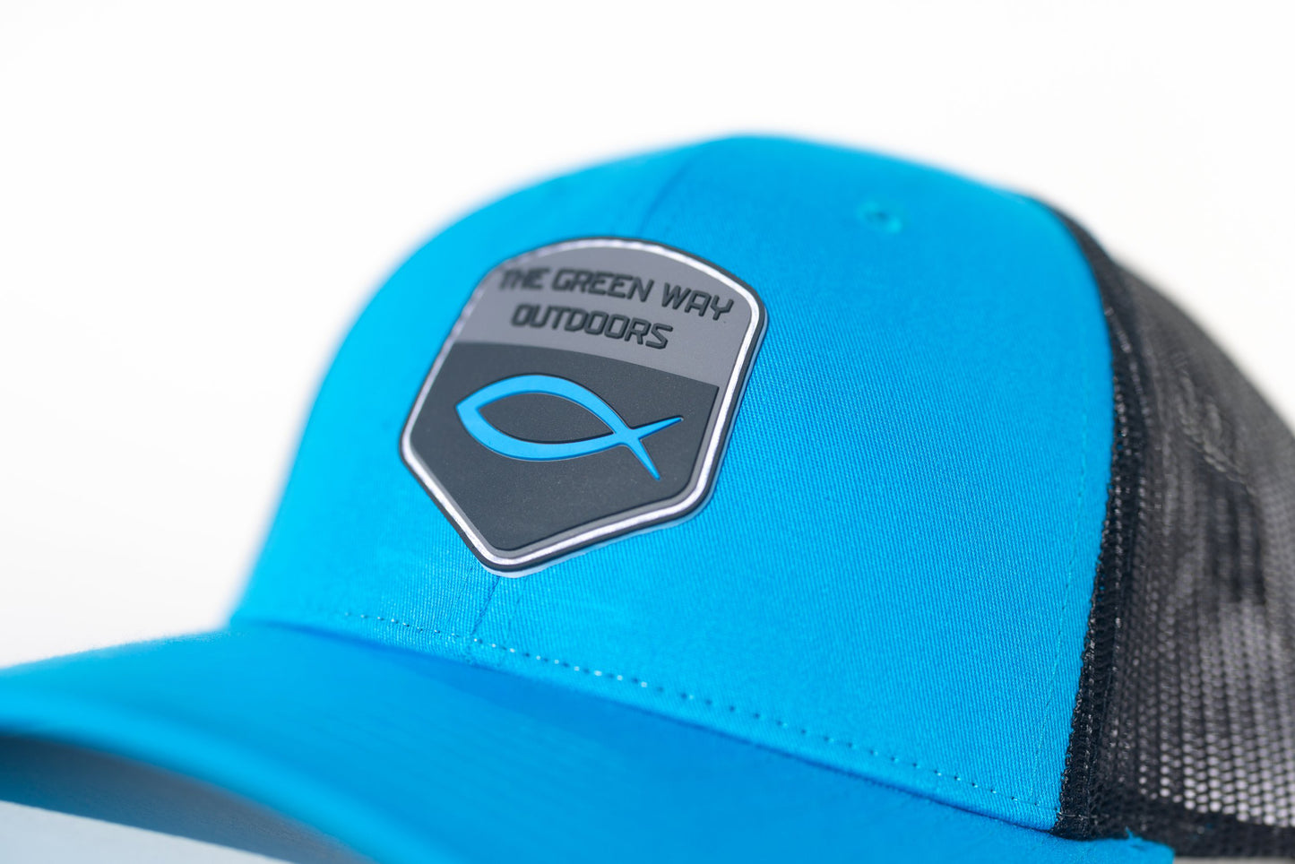 Cyan Blue Jesus Fish Trucker Hat